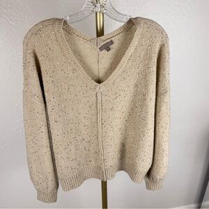 LILLA P Gold Beige Sequin V-Neck Sweater Relaxed Fit XL
